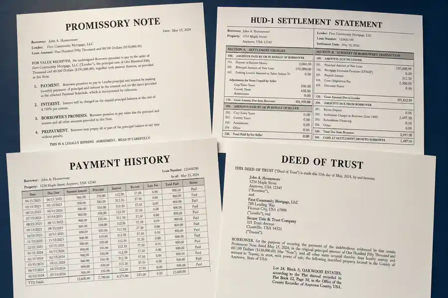 Mortgage documents arranged for review — promissory note, HUD-1 settlement statement, payment history ledger, and deed of trust