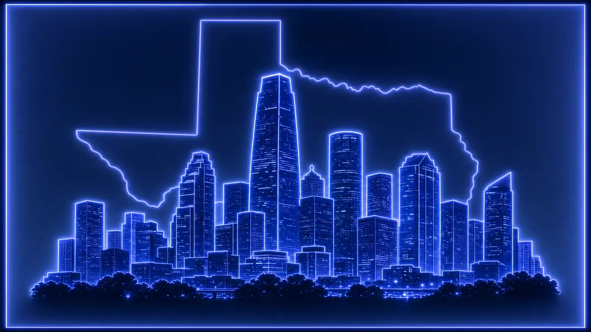 Houston mortgage note guide &mdash; glowing Houston skyline with Texas state outline