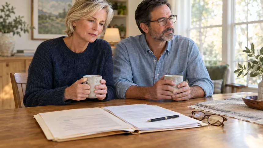 Two adult siblings holding coffee mugs at a sunlit dining table, looking thoughtful beside an open folder of inherited mortgage note paperwork