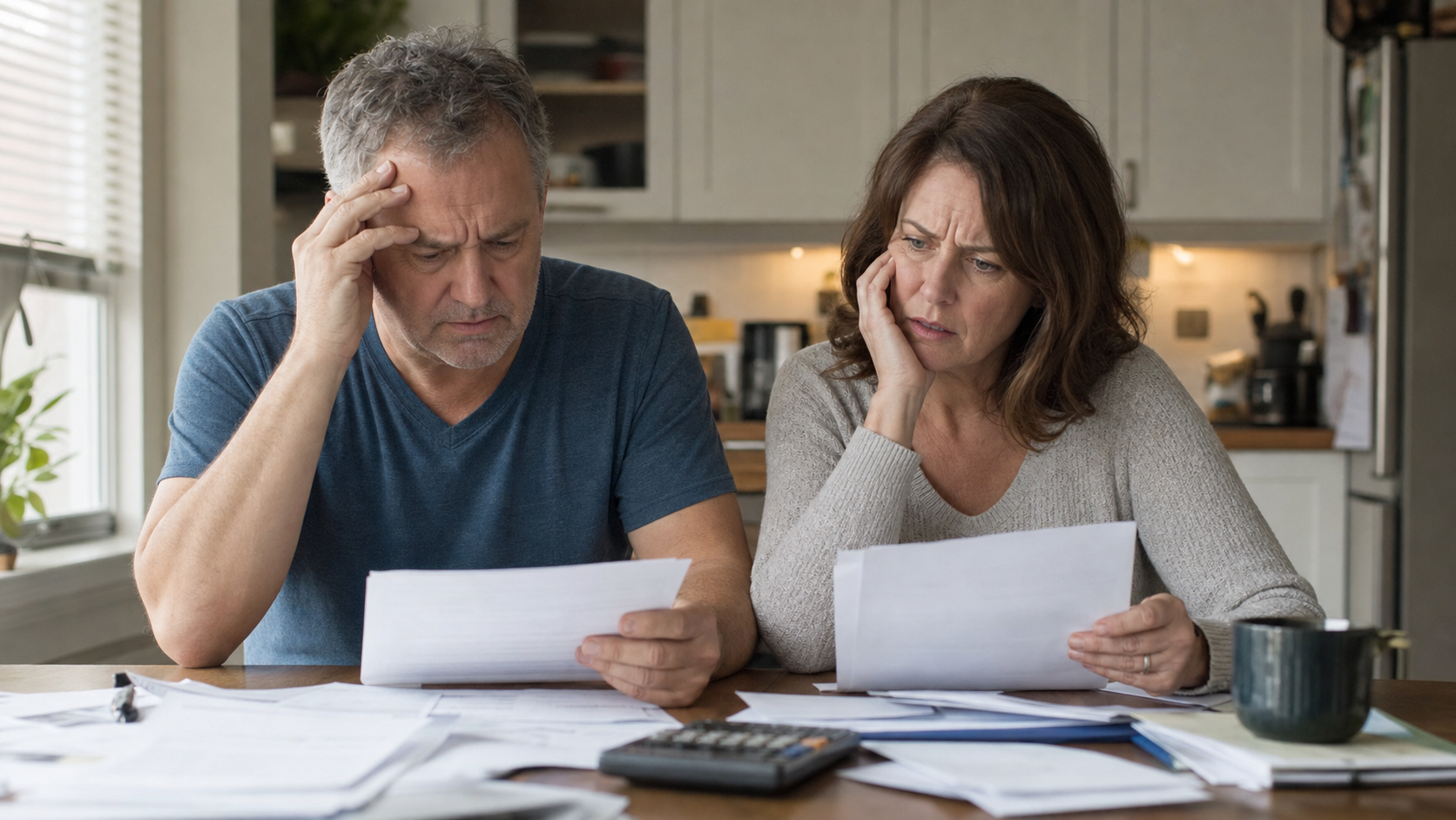 Middle-aged couple reviewing financial paperwork with concern