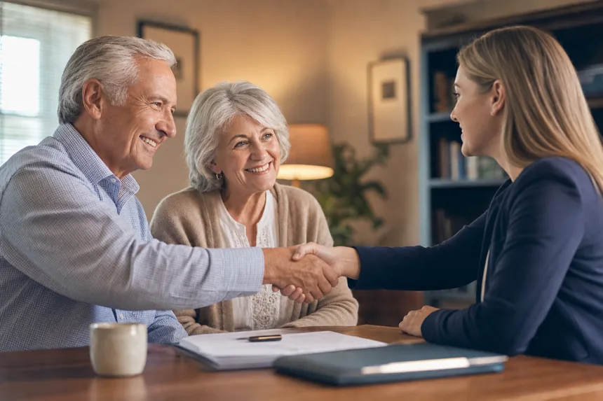 An older couple shaking hands with a professional note buyer advisor, representing a trusted seller financed mortgage note transaction