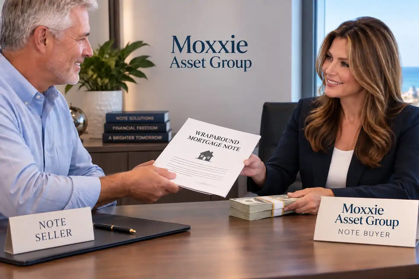 Note seller handing a wraparound mortgage note across a desk to a Moxxie Asset Group note buyer