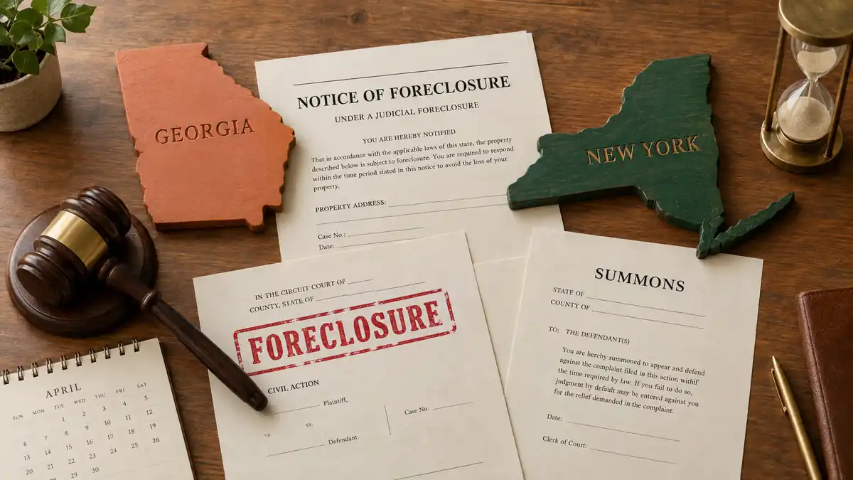 Wooden cutouts of Georgia and New York State on a desk beside a notice of foreclosure, a stamped foreclosure court form, a summons, a gavel and an hourglass