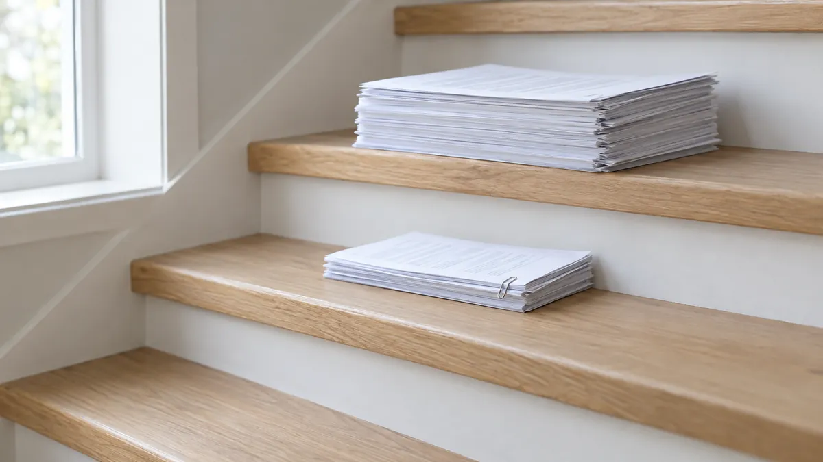 Stack of mortgage documents on a staircase with a smaller paperclipped set on the step below, representing a note sold in staged partial payments