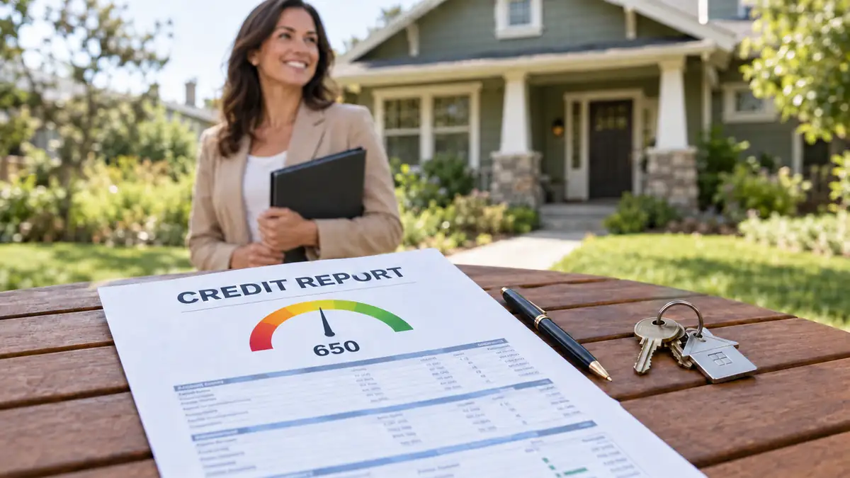 Credit report with a 650 credit score gauge on a patio table beside a pen and house keys, with a smiling home buyer and a single-family house in the background
