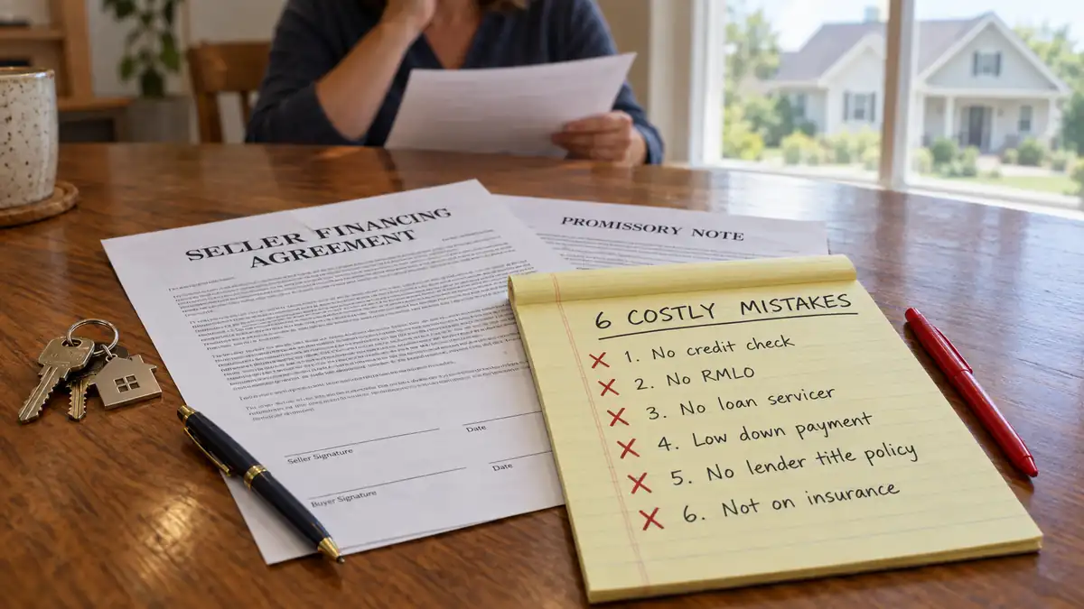 Seller financing agreement and promissory note on a kitchen table with house keys and a legal pad listing 6 costly seller financing mistakes, each marked with a red X