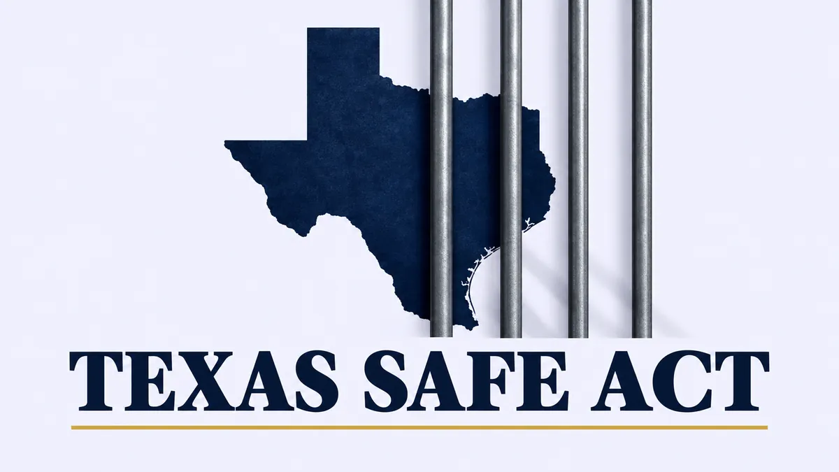 Texas state map behind steel jail bars with the words Texas SAFE Act, illustrating RMLO licensing risk for seller-financed notes