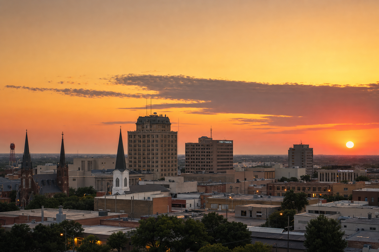 Abilene Texas downtown skyline at sunset