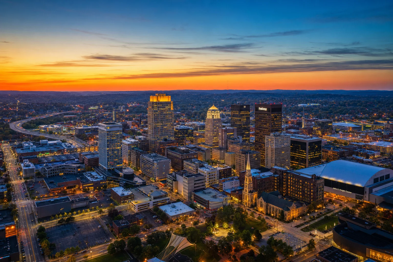 Akron Ohio skyline at sunset