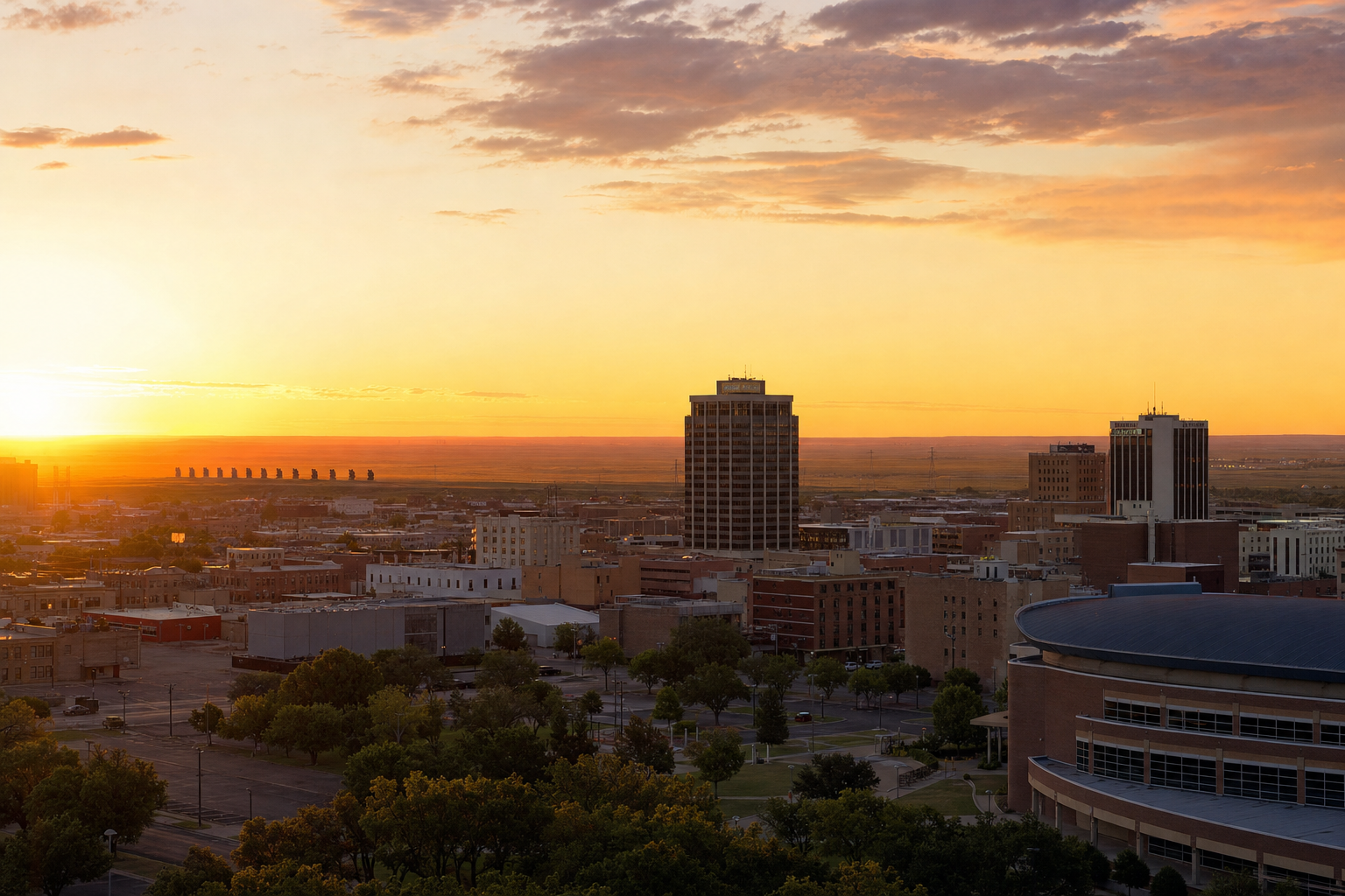 Amarillo Texas skyline at golden hour with open West Texas plains