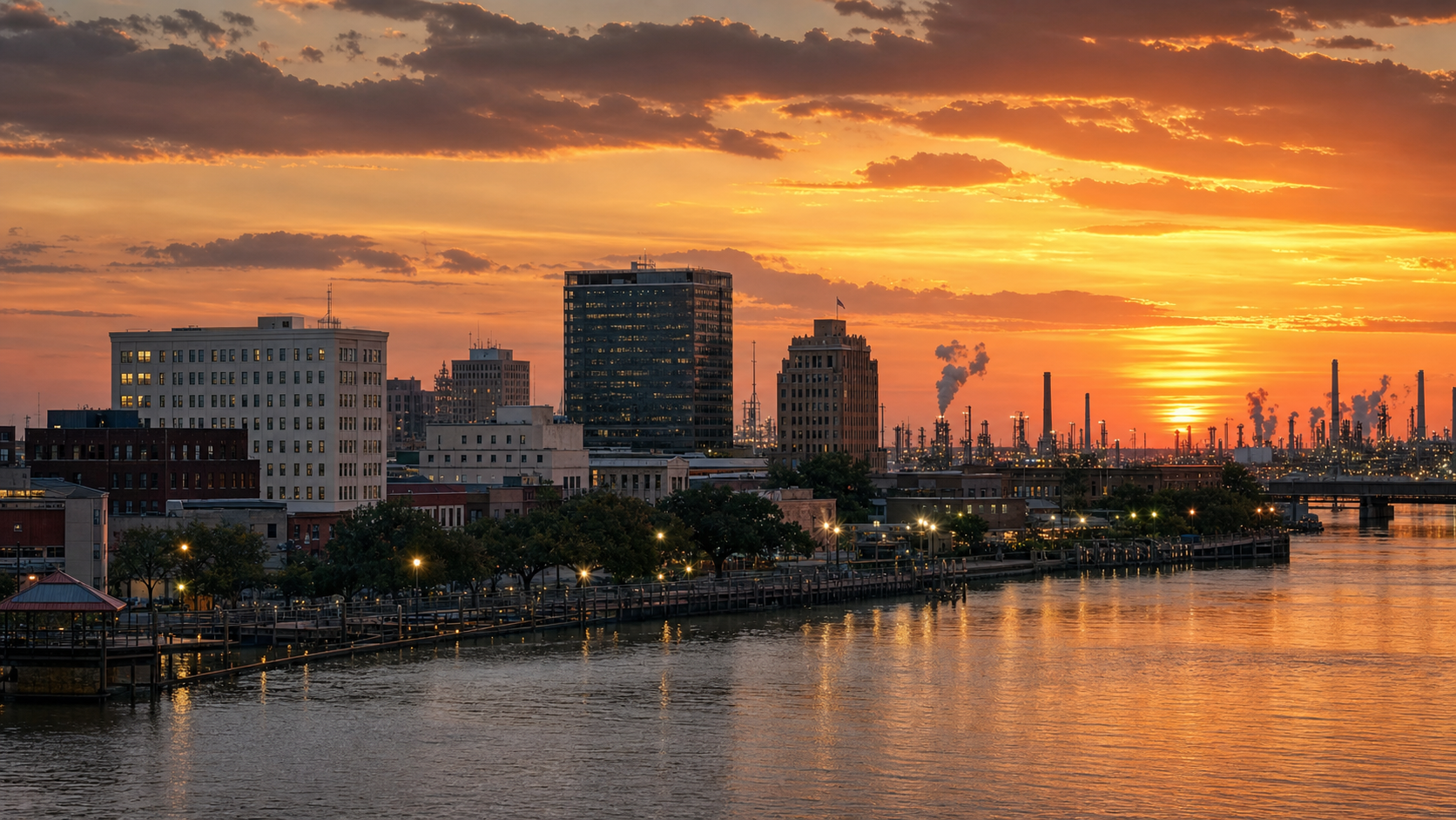 Beaumont Texas skyline along the Neches River at dusk