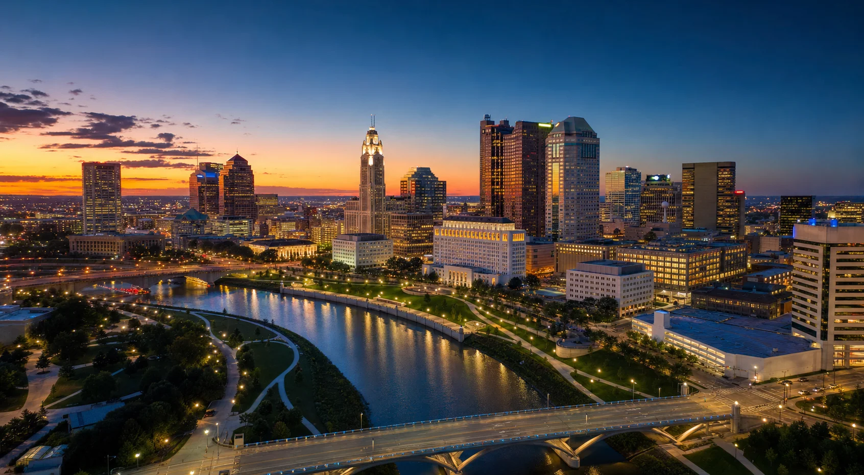Columbus Ohio skyline at sunset