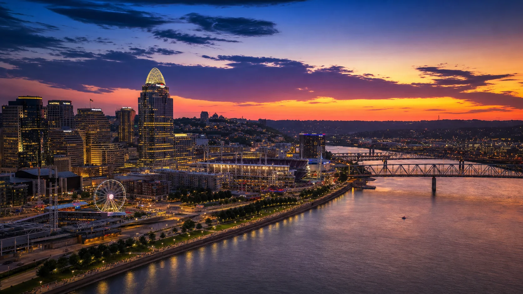 Cincinnati Ohio skyline at dusk along the Ohio River