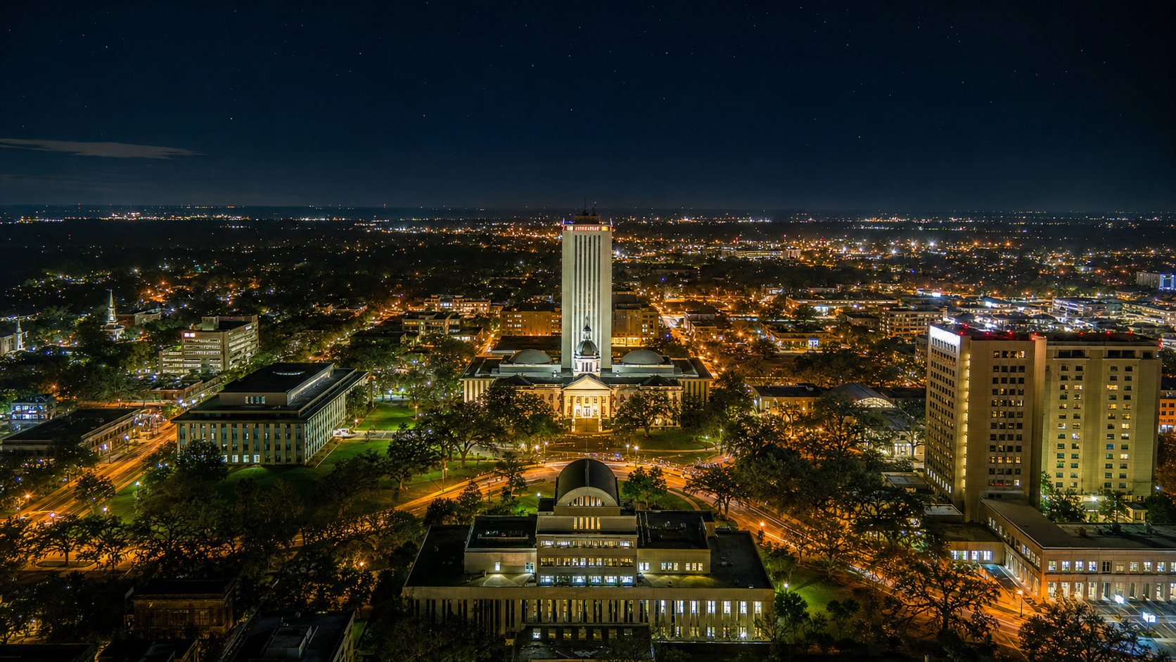 Tallahassee Florida Capitol at night, Florida Panhandle Gulf Coast at dusk