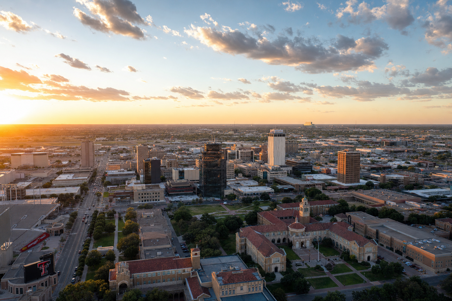 Lubbock Texas skyline at sunset with Texas Tech University campus