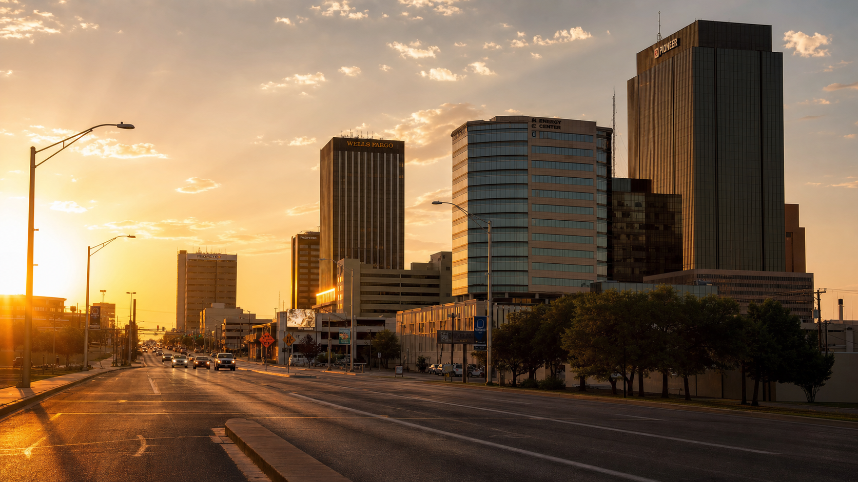 Midland Texas downtown skyline at golden hour