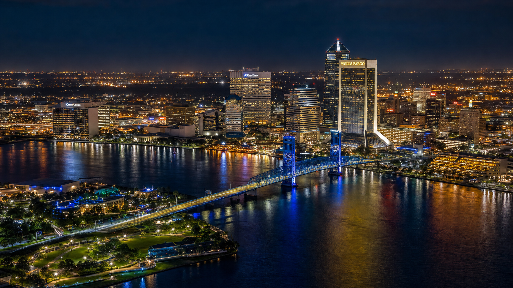 Jacksonville, Florida — downtown night skyline over the St. Johns River