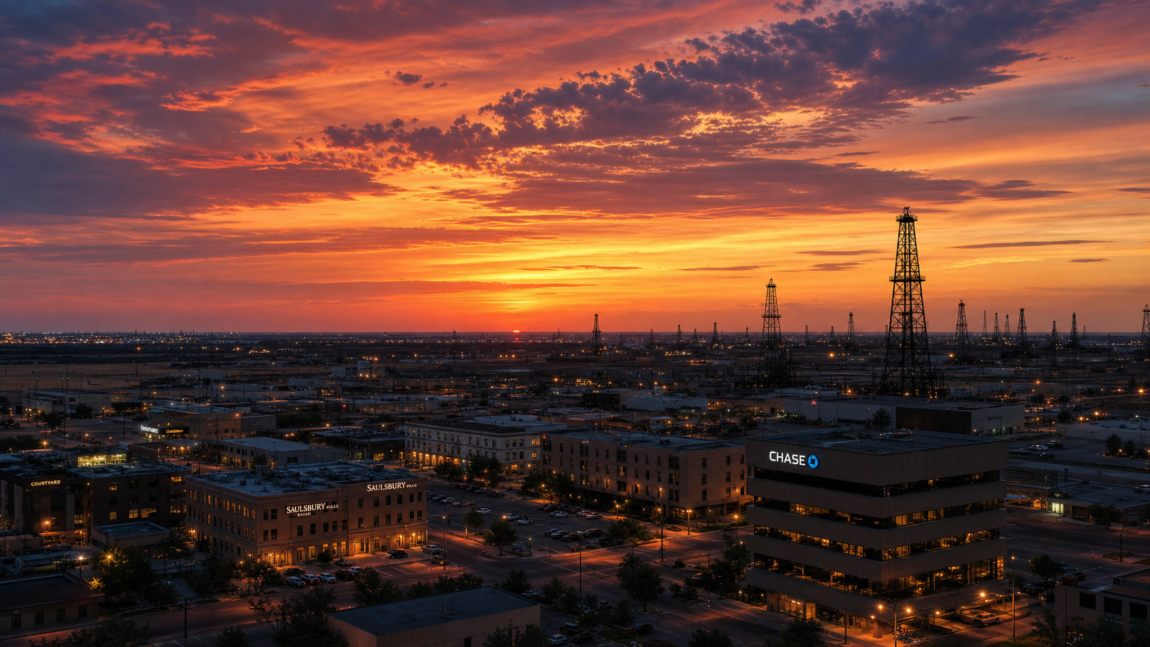 Odessa Texas Permian Basin oil derricks at sunset
