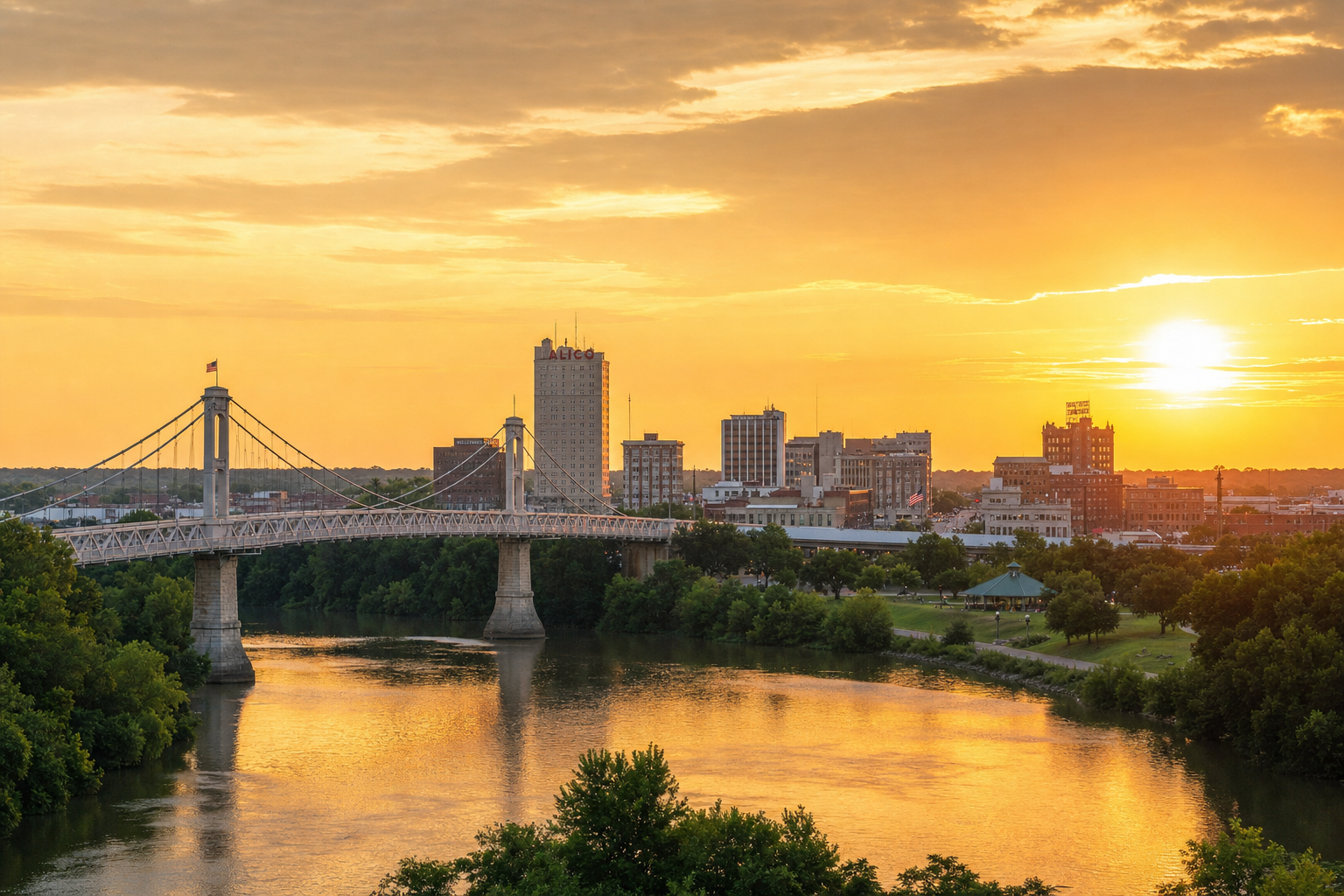 Waco Texas Brazos River skyline at golden hour with Suspension Bridge
