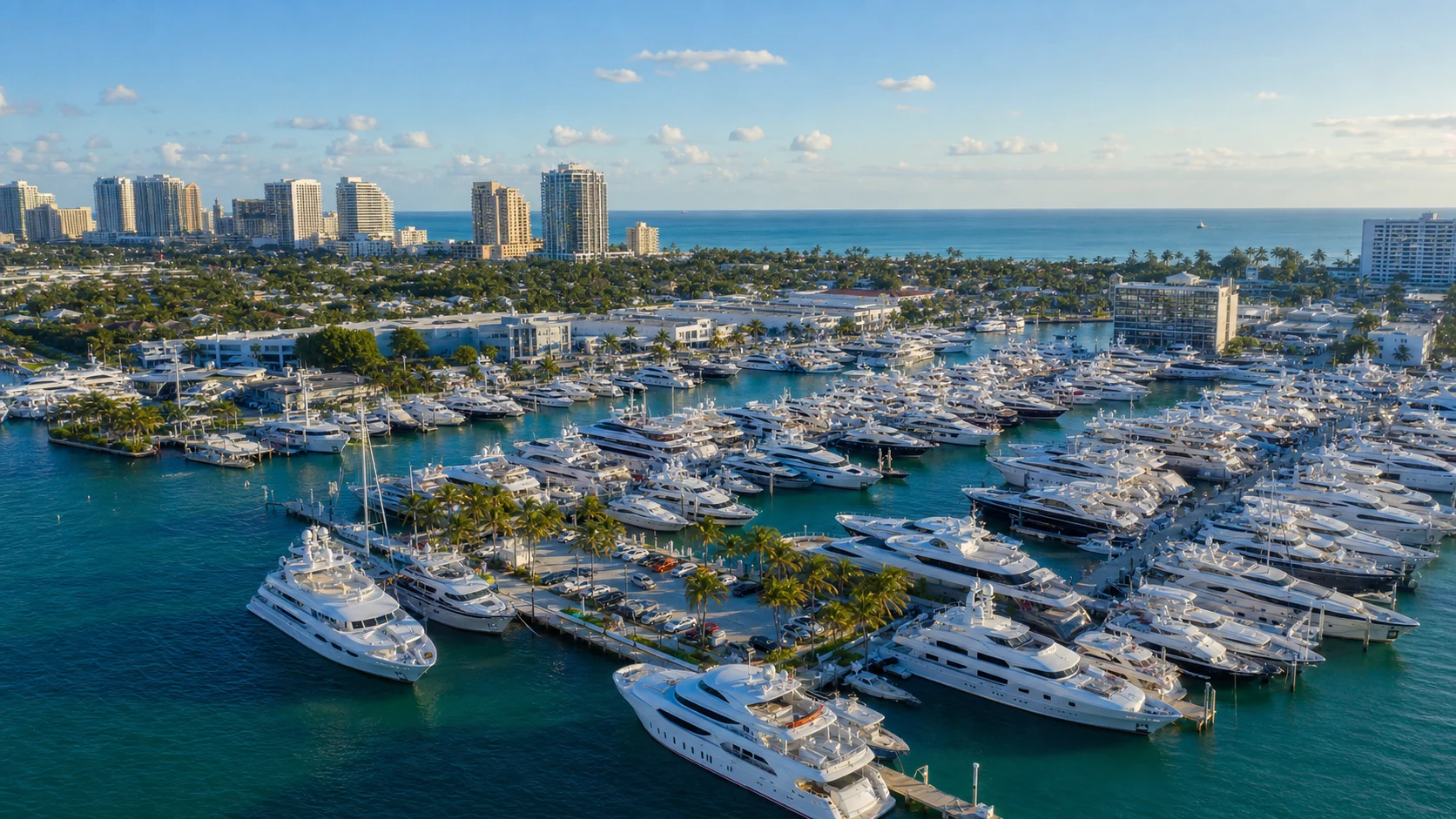 Aerial view of Bahia Mar marina in Fort Lauderdale with hundreds of luxury yachts docked during the Fort Lauderdale International Boat Show