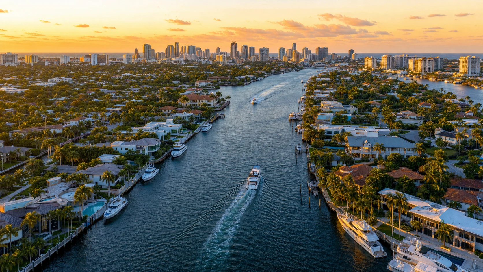 Aerial golden-hour view of Fort Lauderdale Intracoastal Waterway with luxury waterfront homes, private docks, yachts and the city skyline beyond