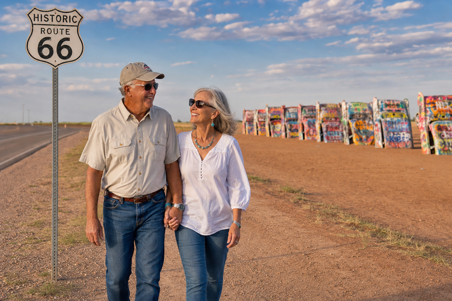 Couple walking along Route 66 near Cadillac Ranch in Amarillo Texas