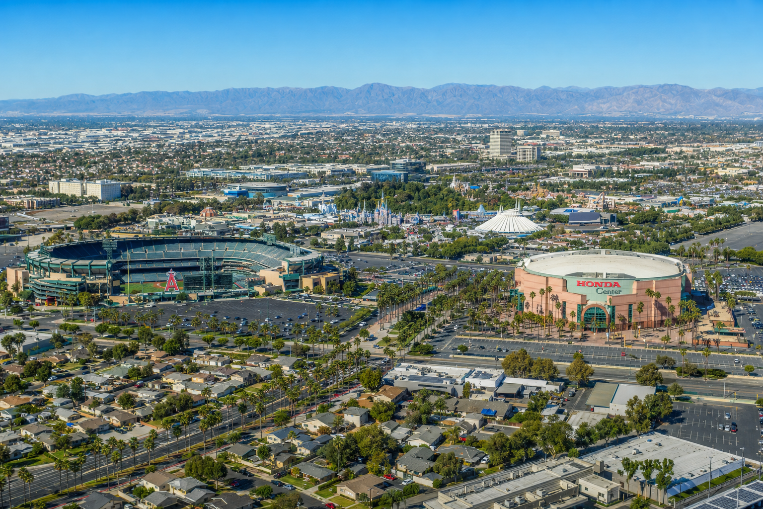 Aerial view of Anaheim California with Angel Stadium, Honda Center, and Disneyland Resort visible