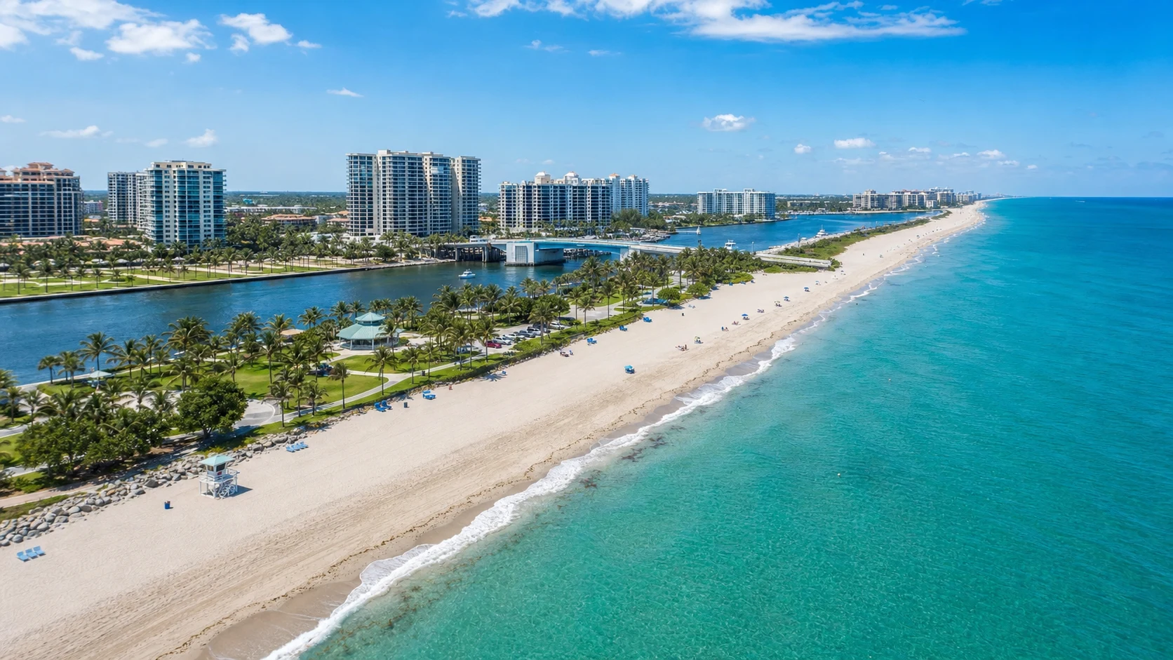 Aerial view of Boca Raton Beach with turquoise Atlantic Ocean, white sand and luxury waterfront condos