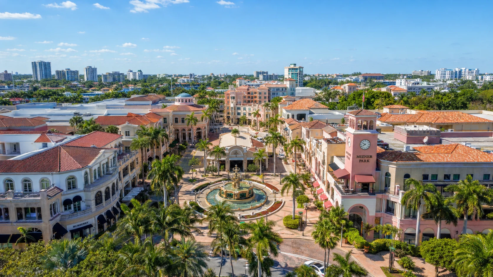 Aerial view of Mizner Park in Boca Raton Florida with Mediterranean architecture, fountain and palm trees