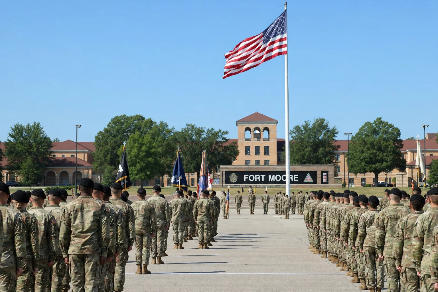 Fort Moore Columbus Georgia — US Army soldiers in formation with American flag