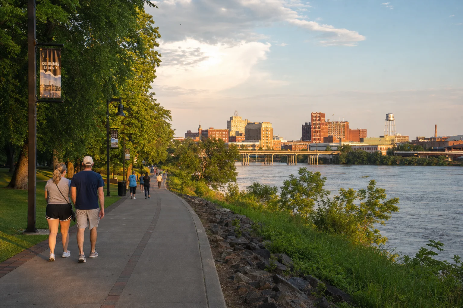 Columbus Georgia Chattahoochee Riverwalk with downtown skyline and river views