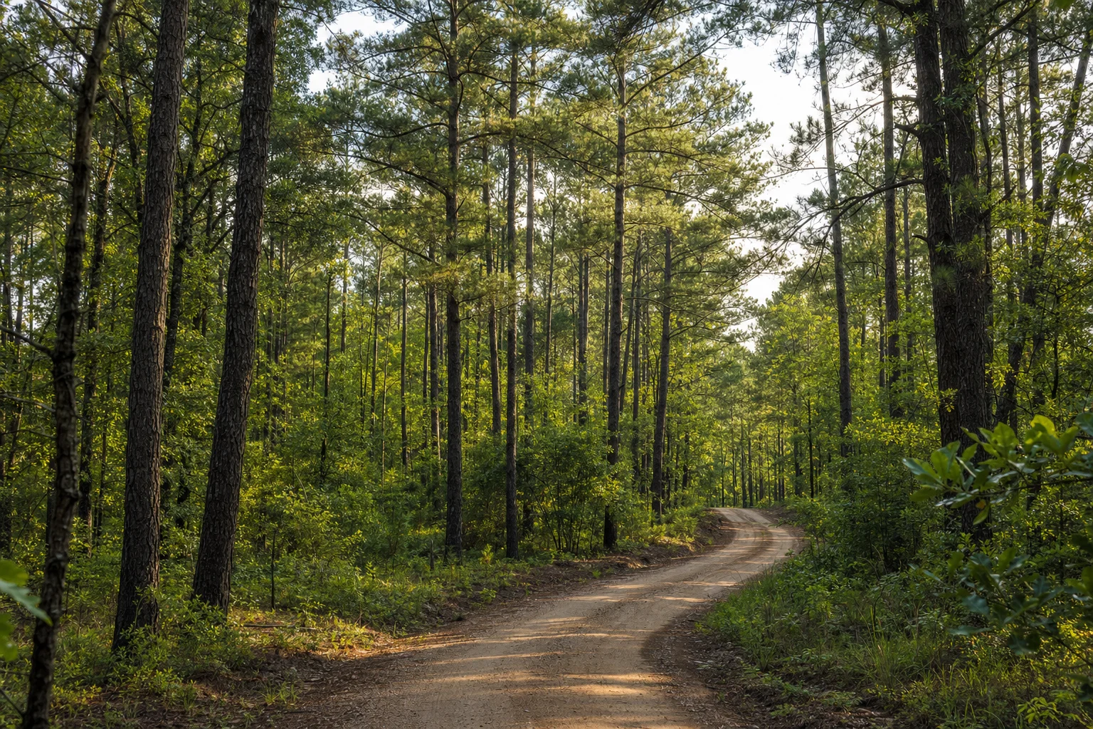 East Texas piney woods forest road — rural East Texas landscape