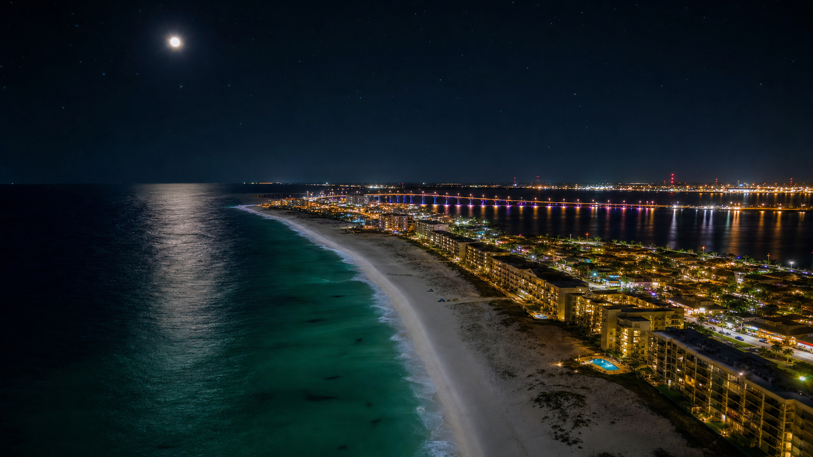 Pensacola Beach at night, Florida Panhandle — Gulf Coast lifestyle photo