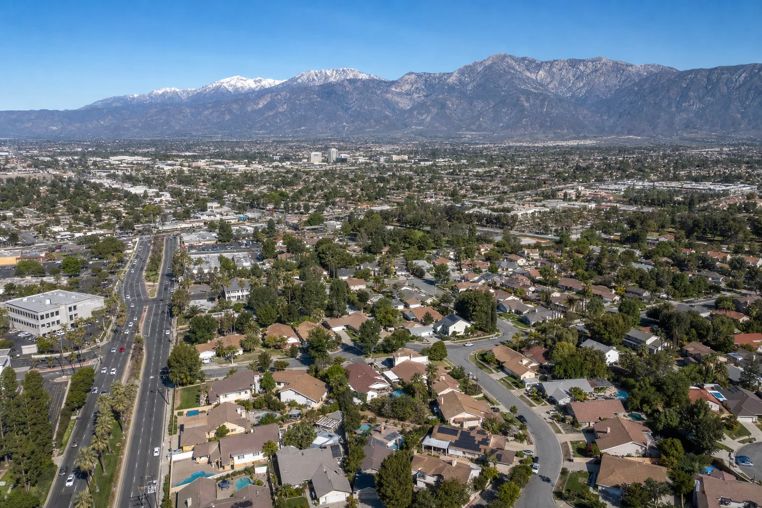 Inland Empire California suburban neighborhood with San Bernardino mountains