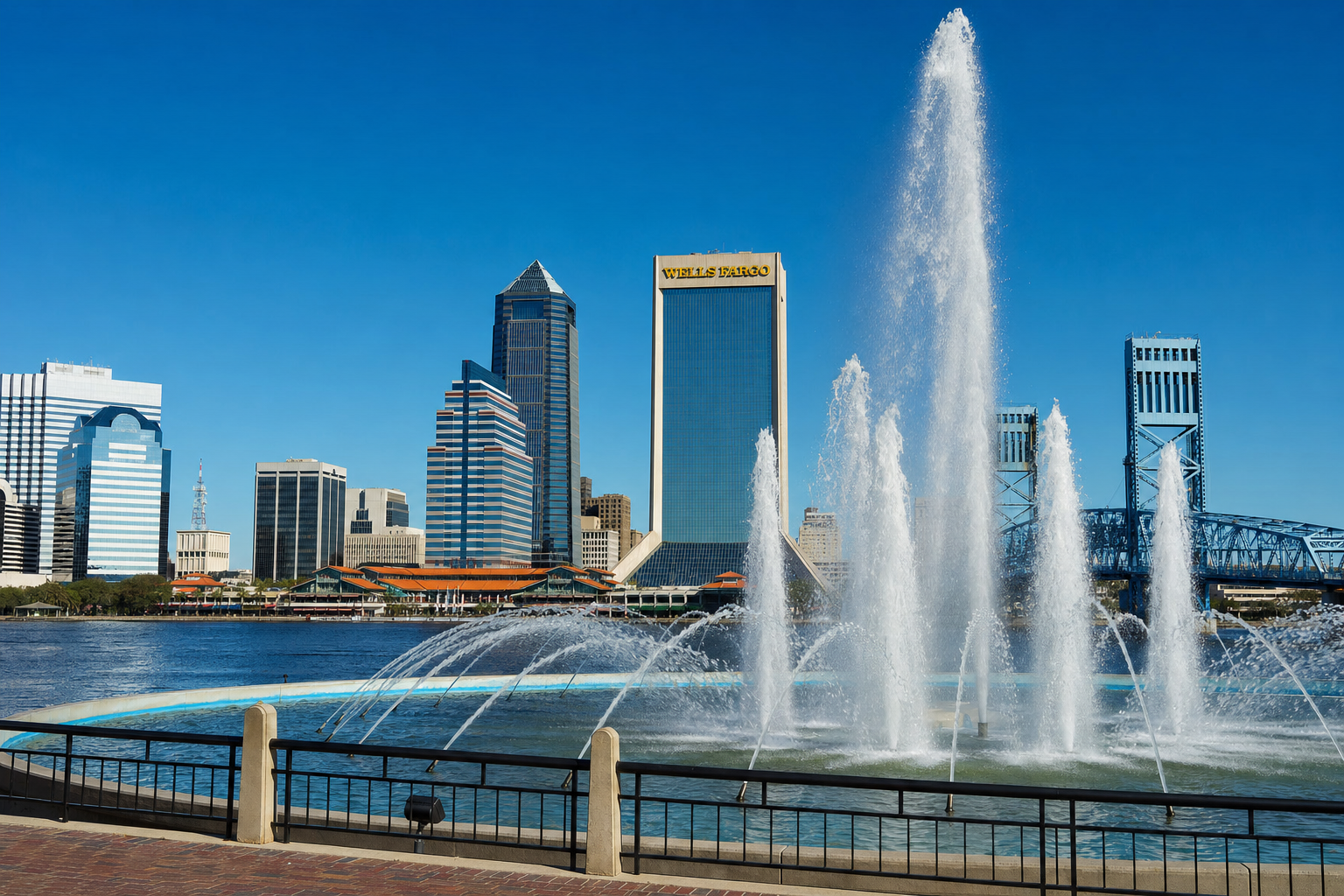 Friendship Fountain on the St. Johns River with Jacksonville skyline