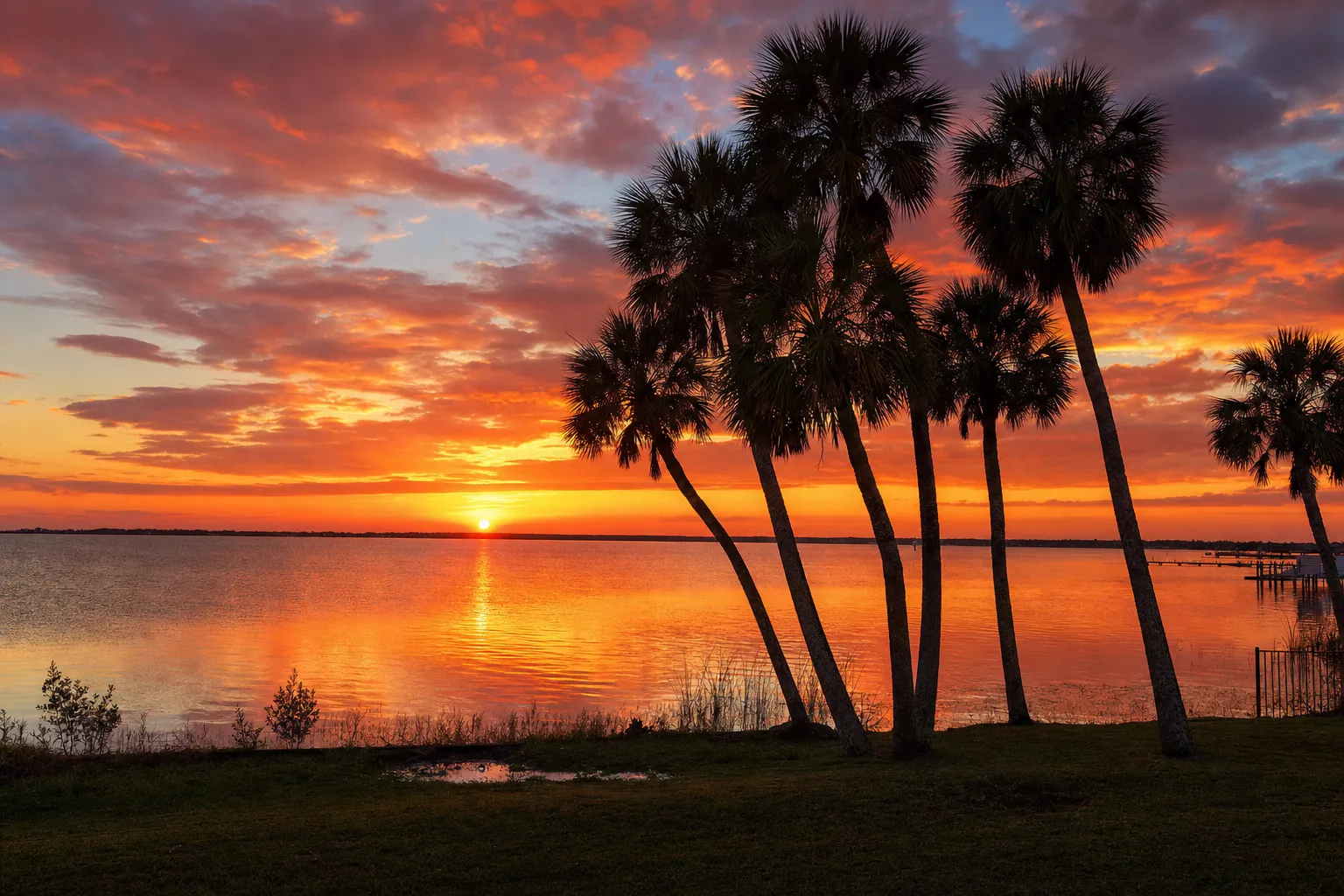 Kissimmee Florida lakefront sunset over Lake Tohopekaliga with palm trees