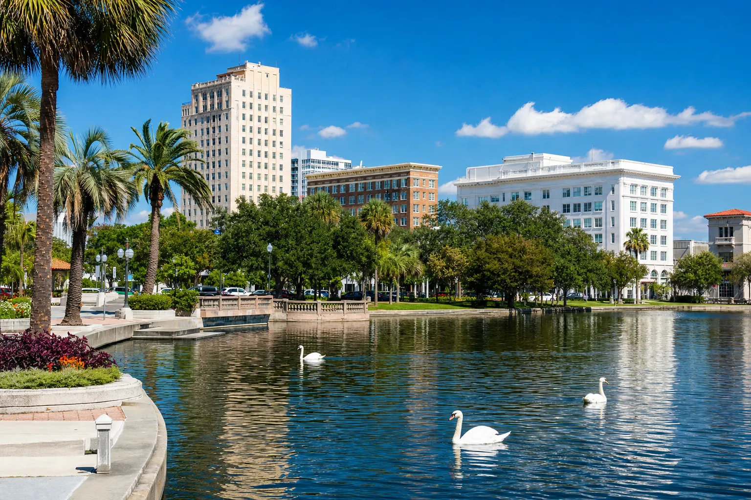Lakeland Florida downtown Lake Mirror park with swans and historic architecture