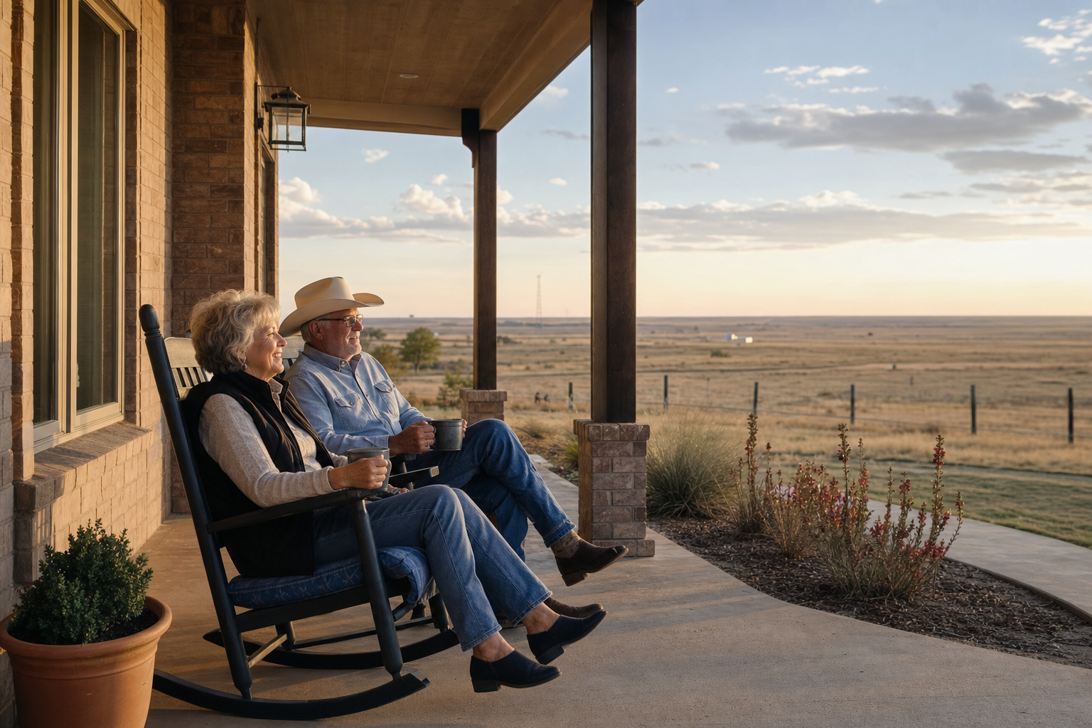 Couple relaxing on a ranch porch overlooking the West Texas plains near Lubbock