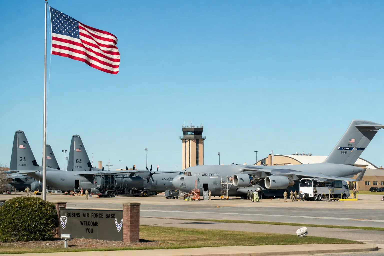Robins Air Force Base Warner Robins — military aircraft and US flag near Macon Georgia
