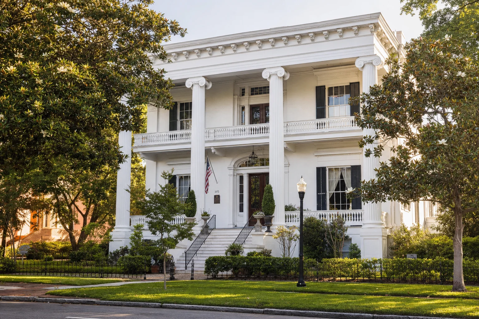Macon Georgia antebellum mansion with white columns and magnolia trees
