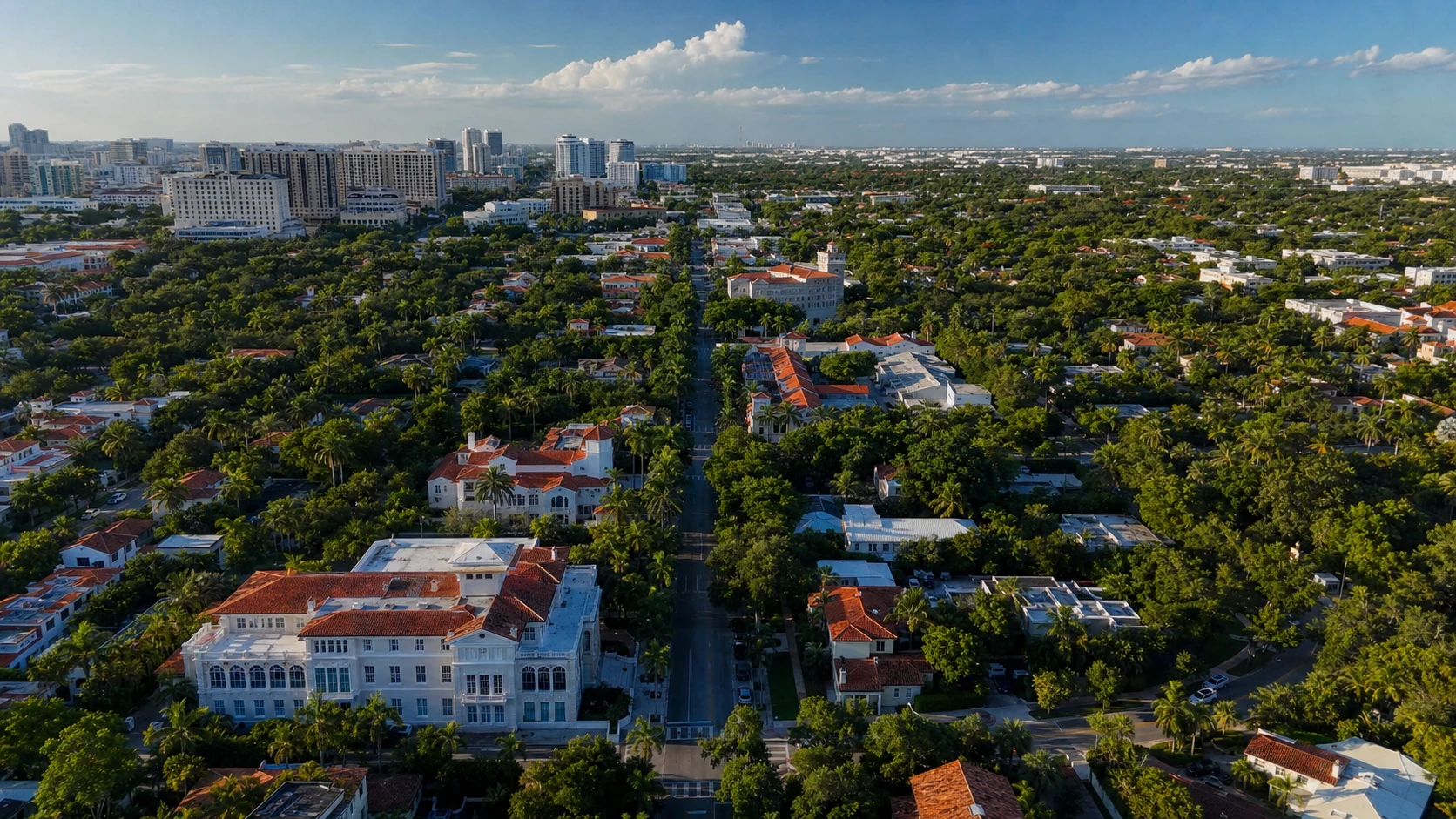 Aerial view of Coral Gables Miami with tree-lined streets, Mediterranean terracotta rooftops and tropical greenery