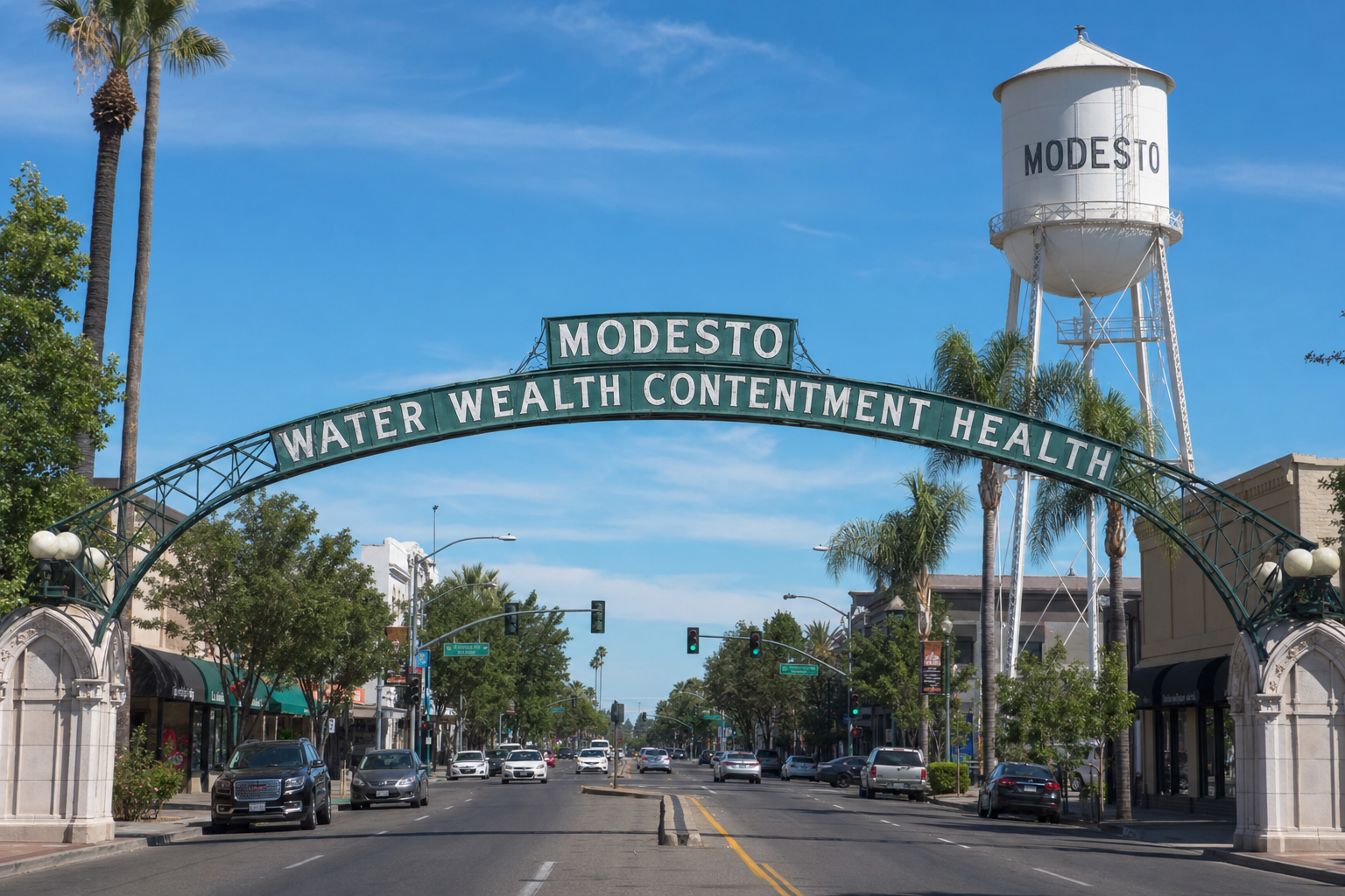 Modesto arch on McHenry Avenue with water tower, downtown Modesto California