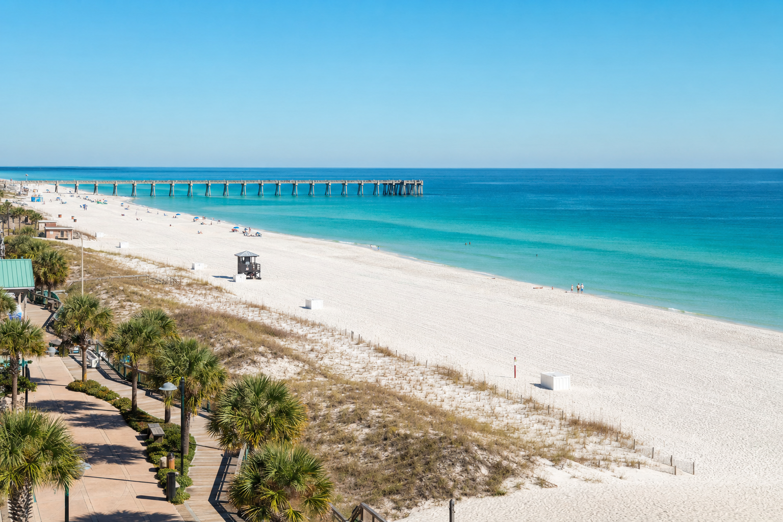 Pensacola Beach pier and emerald Gulf of Mexico waters, Florida