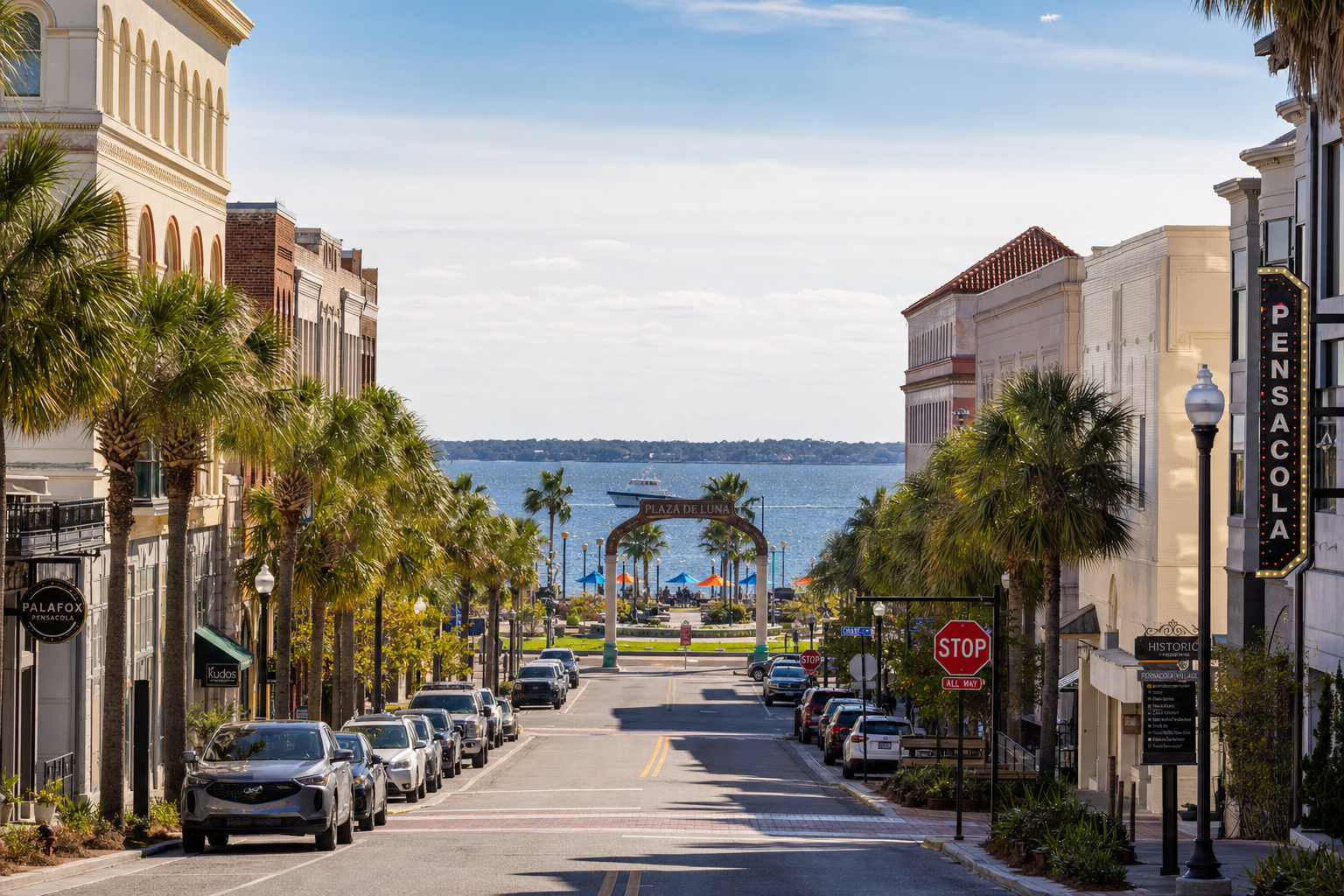Palafox Street and Plaza de Luna waterfront in Pensacola Florida