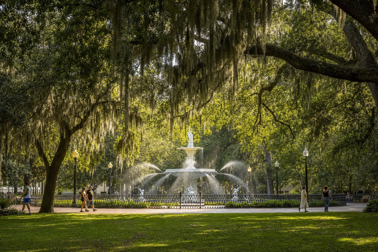 Forsyth Park Savannah Georgia — iconic white iron fountain with Spanish moss draped live oaks