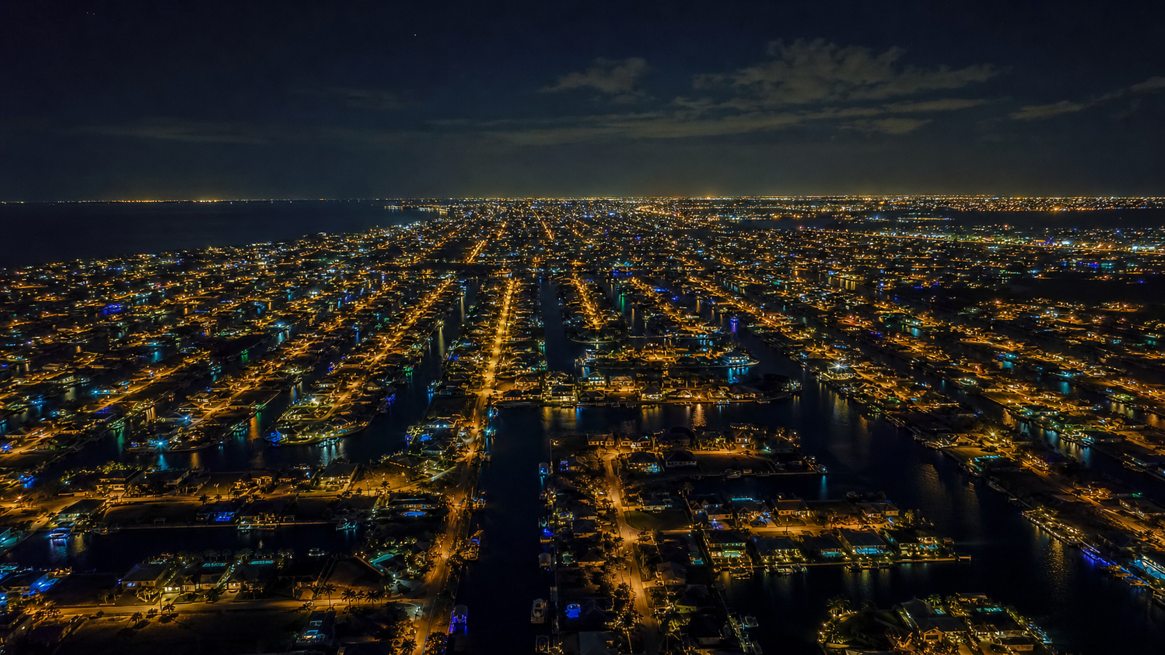 Cape Coral canal network at night, Southwest Florida