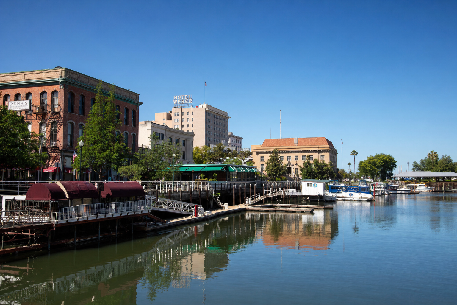 Stockton California waterfront marina on San Joaquin River Delta