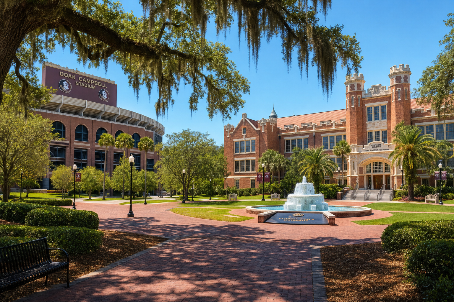Florida State University campus with Westcott Building and Doak Campbell Stadium