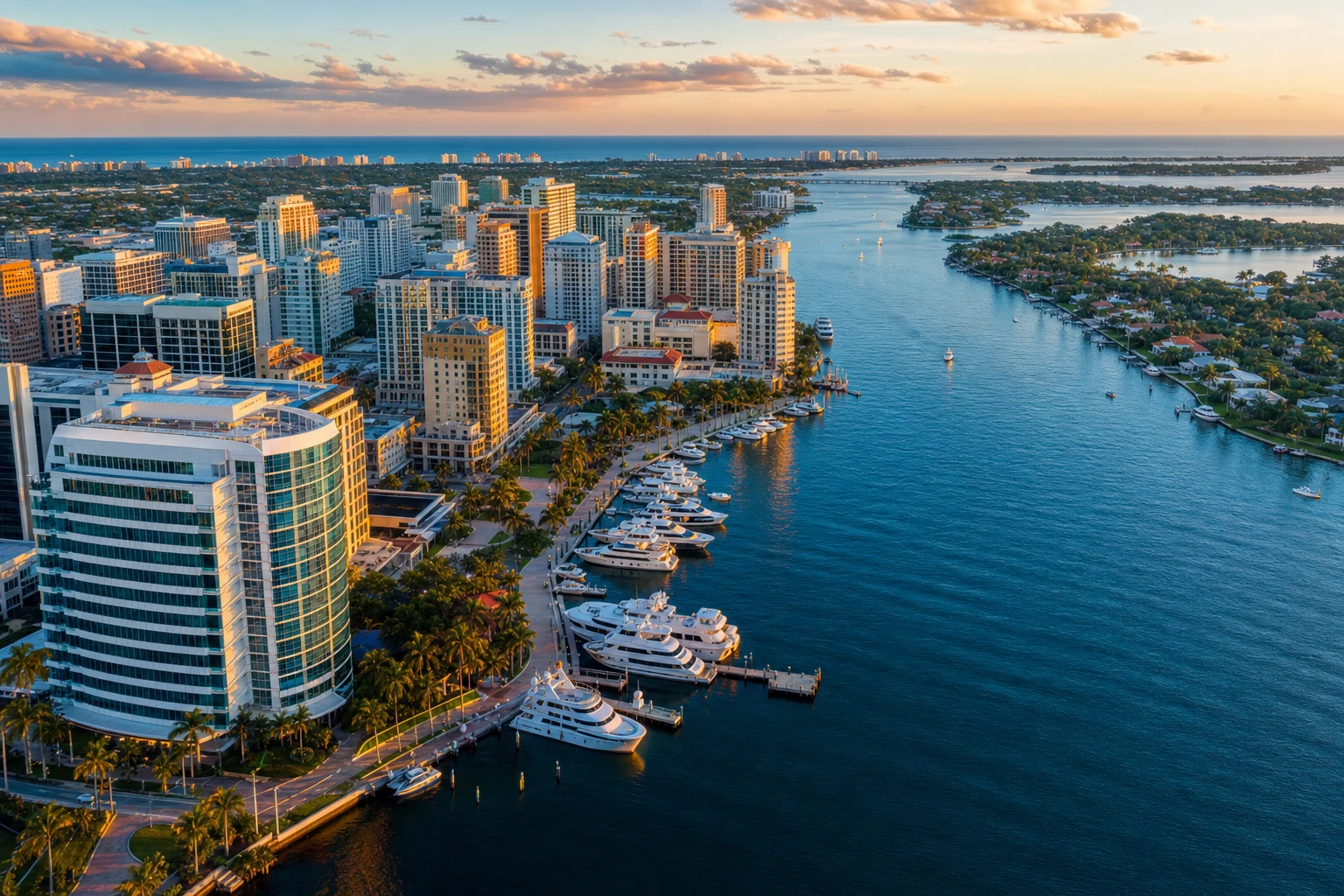 Aerial view of West Palm Beach Florida waterfront skyline with downtown high-rises reflecting in the Intracoastal Waterway and luxury yachts