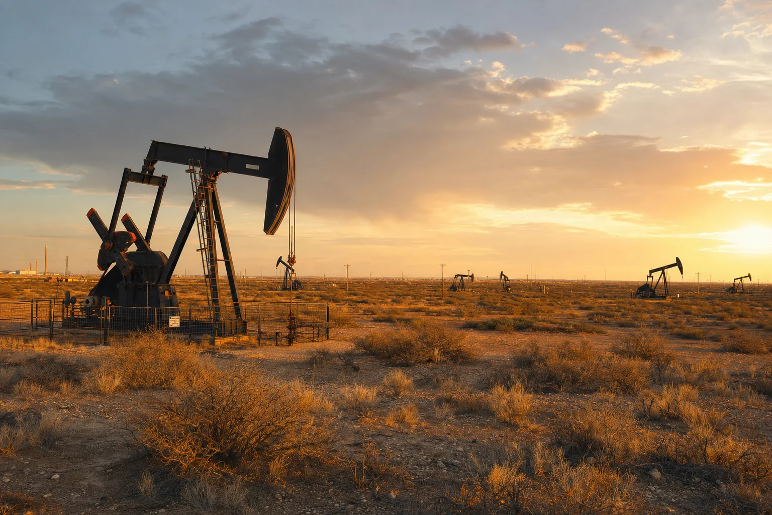 West Texas Permian Basin oil pumpjacks at sunset near Midland Odessa